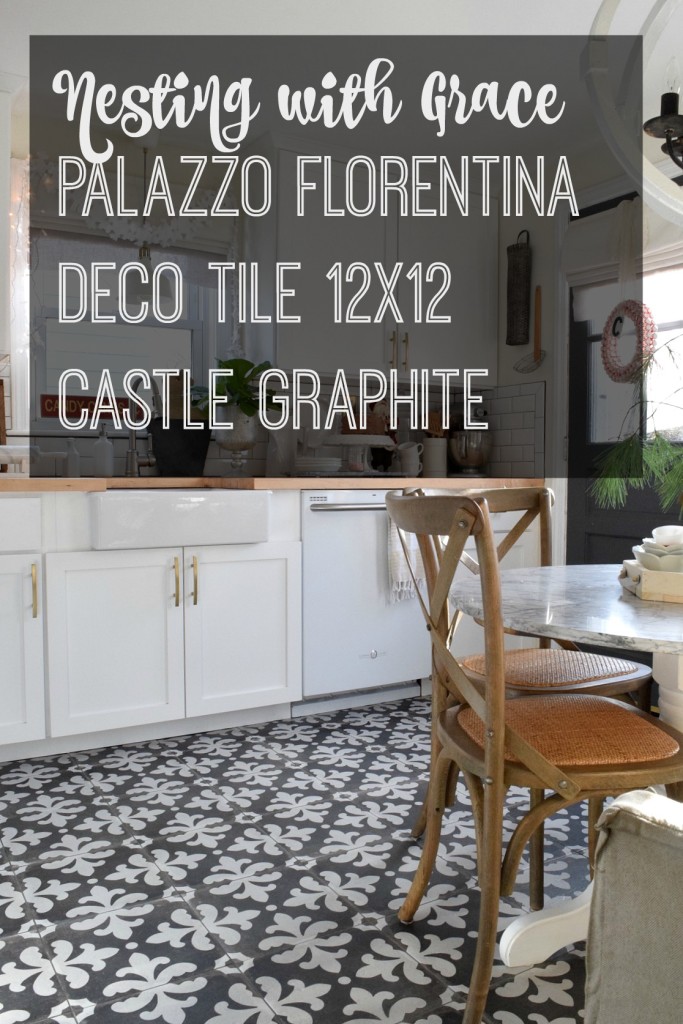 White Kitchen remodel with patterned tile and butcher block counter tops. Palazzo Florentina Deoco Tile.