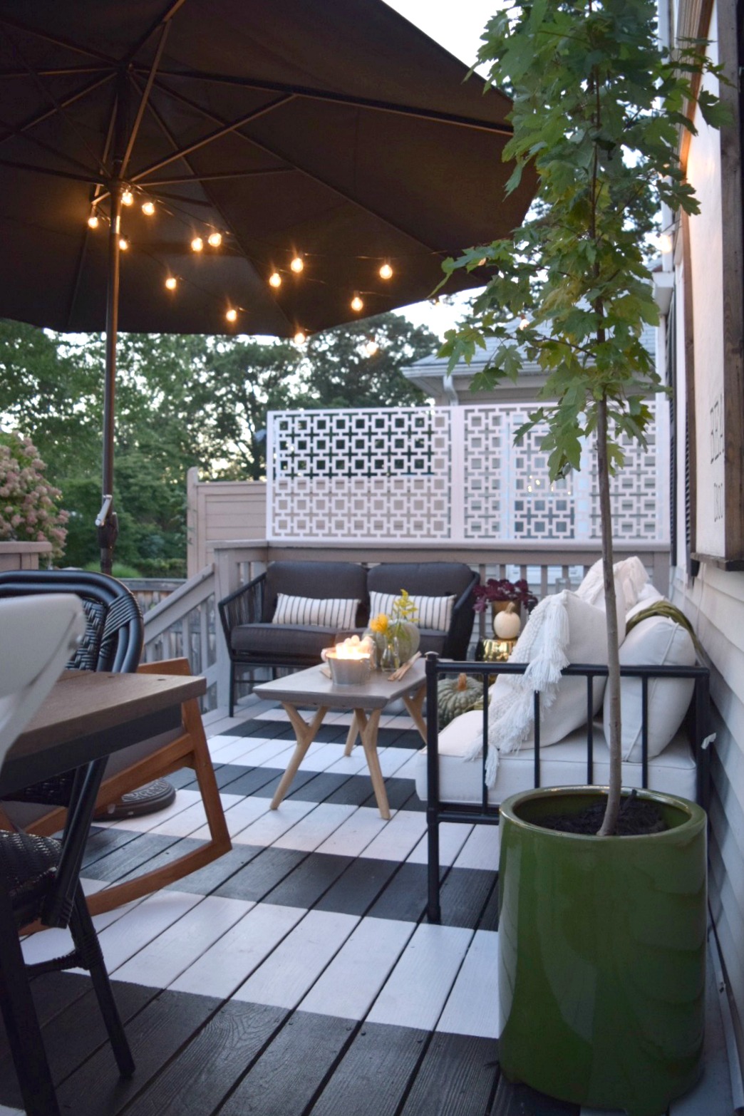 Outdoor Patio Space- Painted Stripe Deck and Maximizing Small Backyard Deck