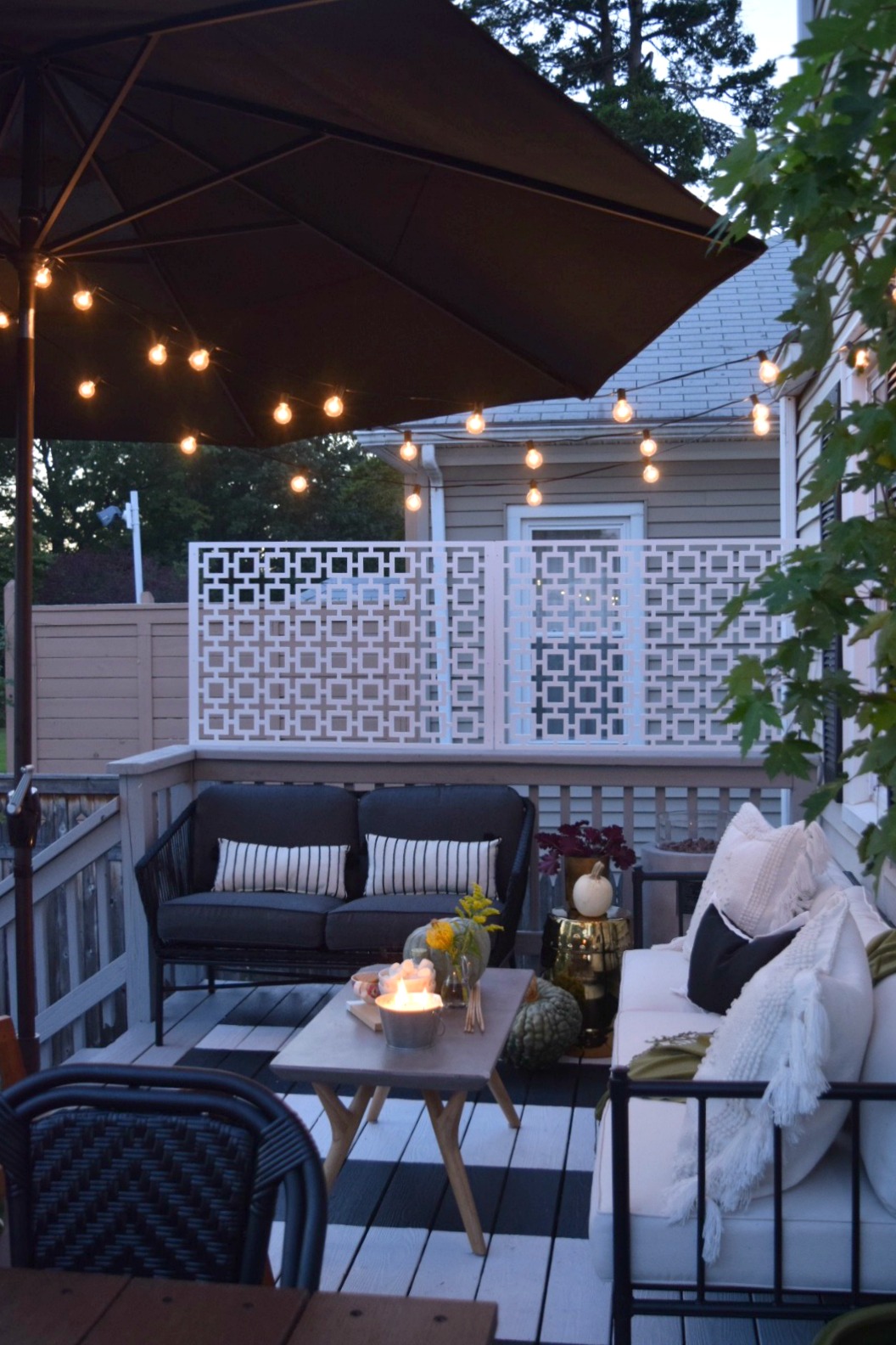 Outdoor Patio Space- Painted Stripe Deck and Maximizing Small Backyard Deck