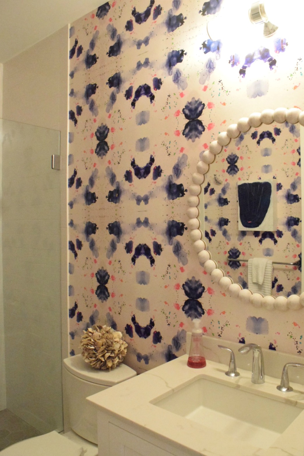 Wallpaper in Bathroom- Washed Wood Mirror
