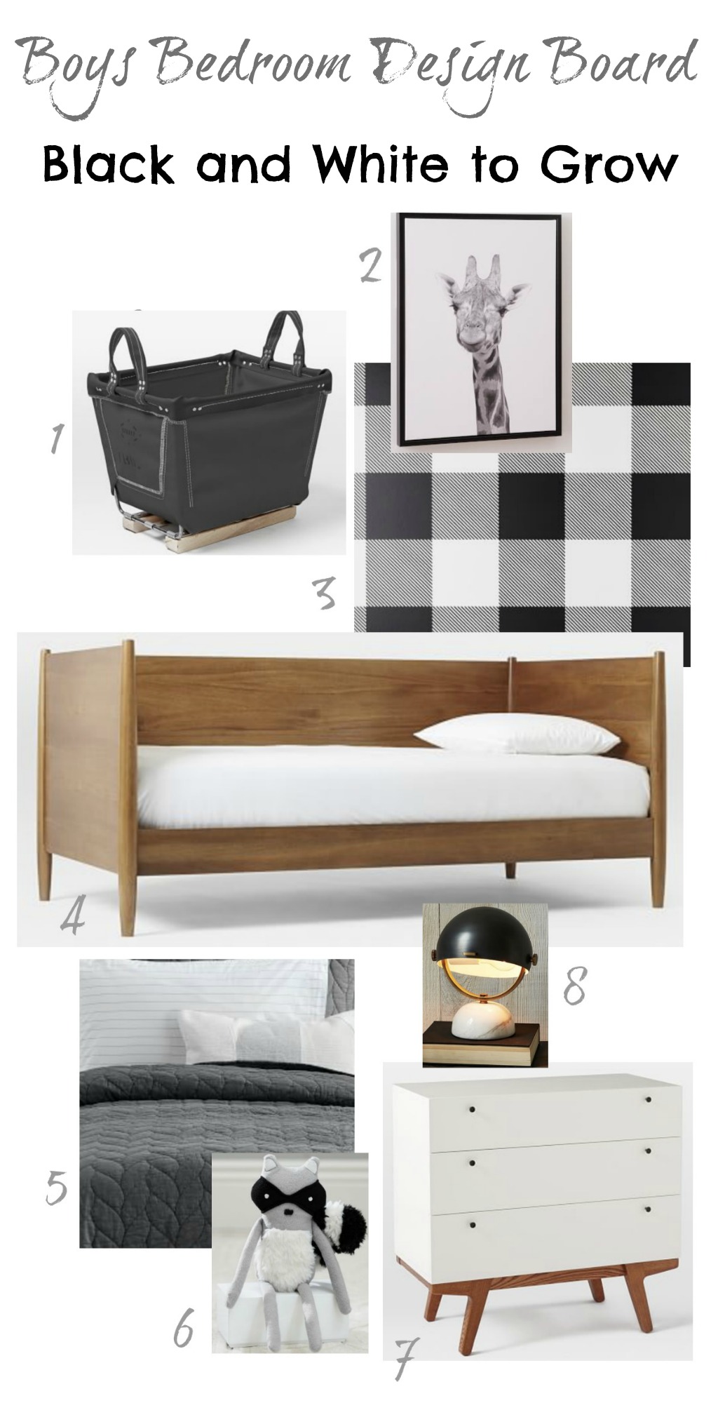 Boys Bedroom Design Board- Black and White to Grow with them!