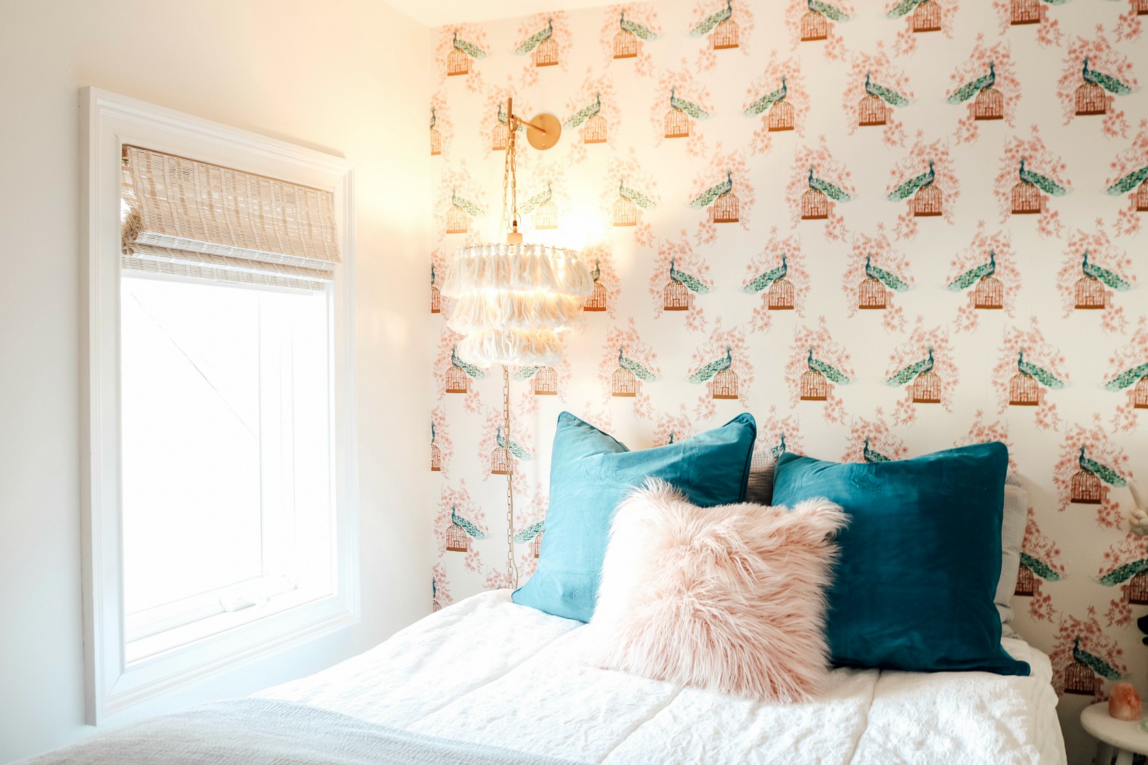 Small Girls Bedroom Makeover with Wallpaper Accent Wall - Nesting With Grace