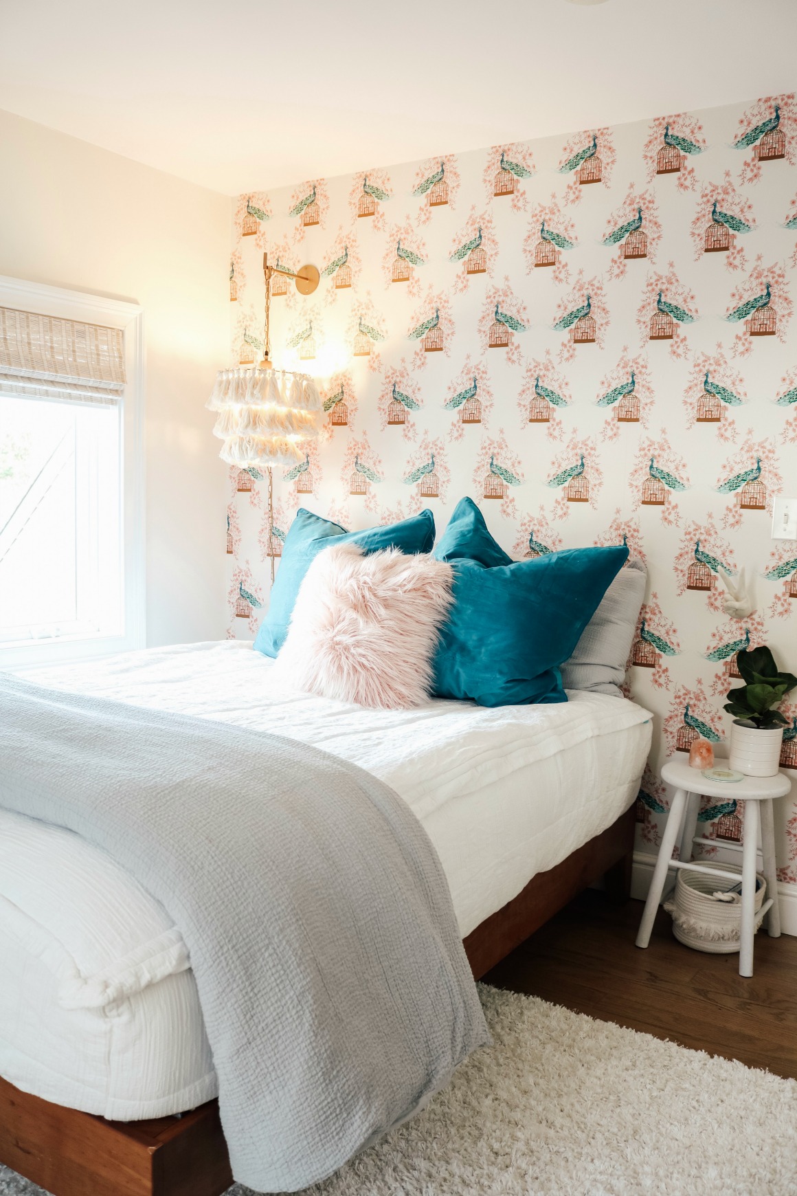 Small Girls Bedroom Makeover with Wallpaper Accent Wall - Nesting With Grace