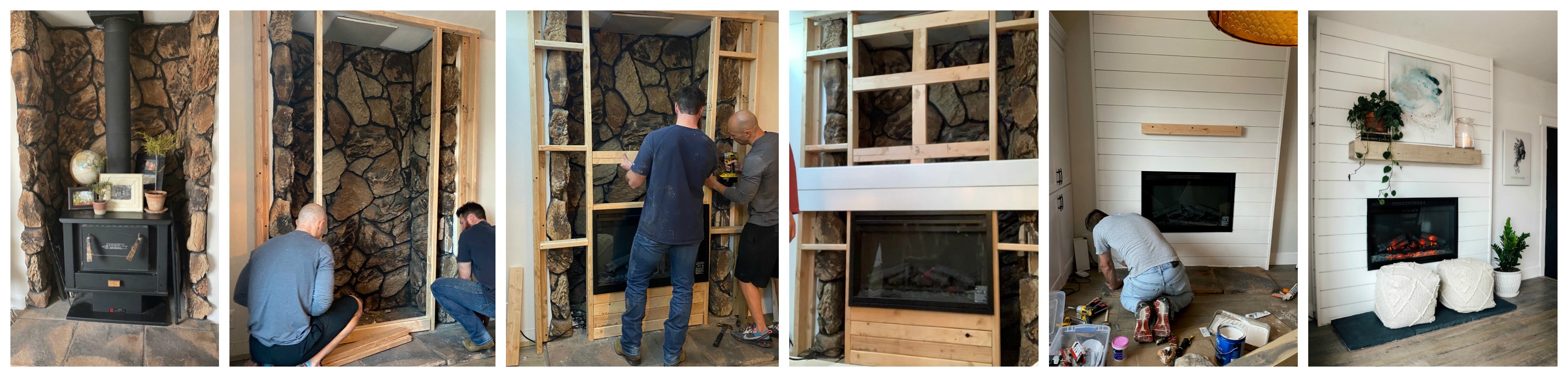 Dated Rock Fireplace turned Electric Shiplap Fireplace Makeover