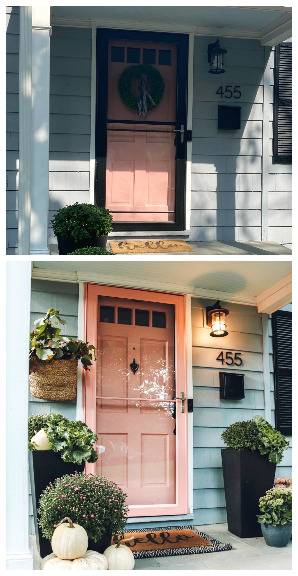How to paint a metal door, how to paint a screen door, pink front door, fall porch ideas