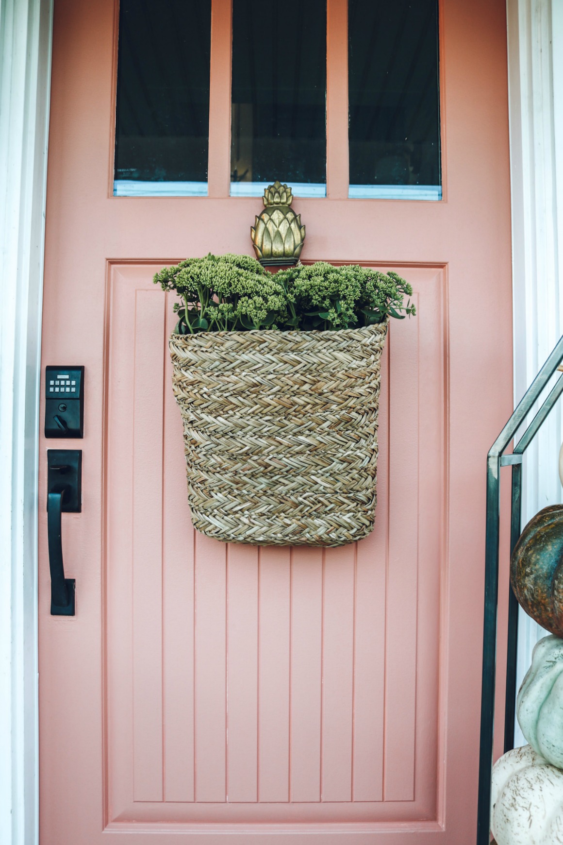 Fall front porch ideas- Salmon Door- Pink Door- Tile Front Steps- Sherwin Williams Salmon River Run