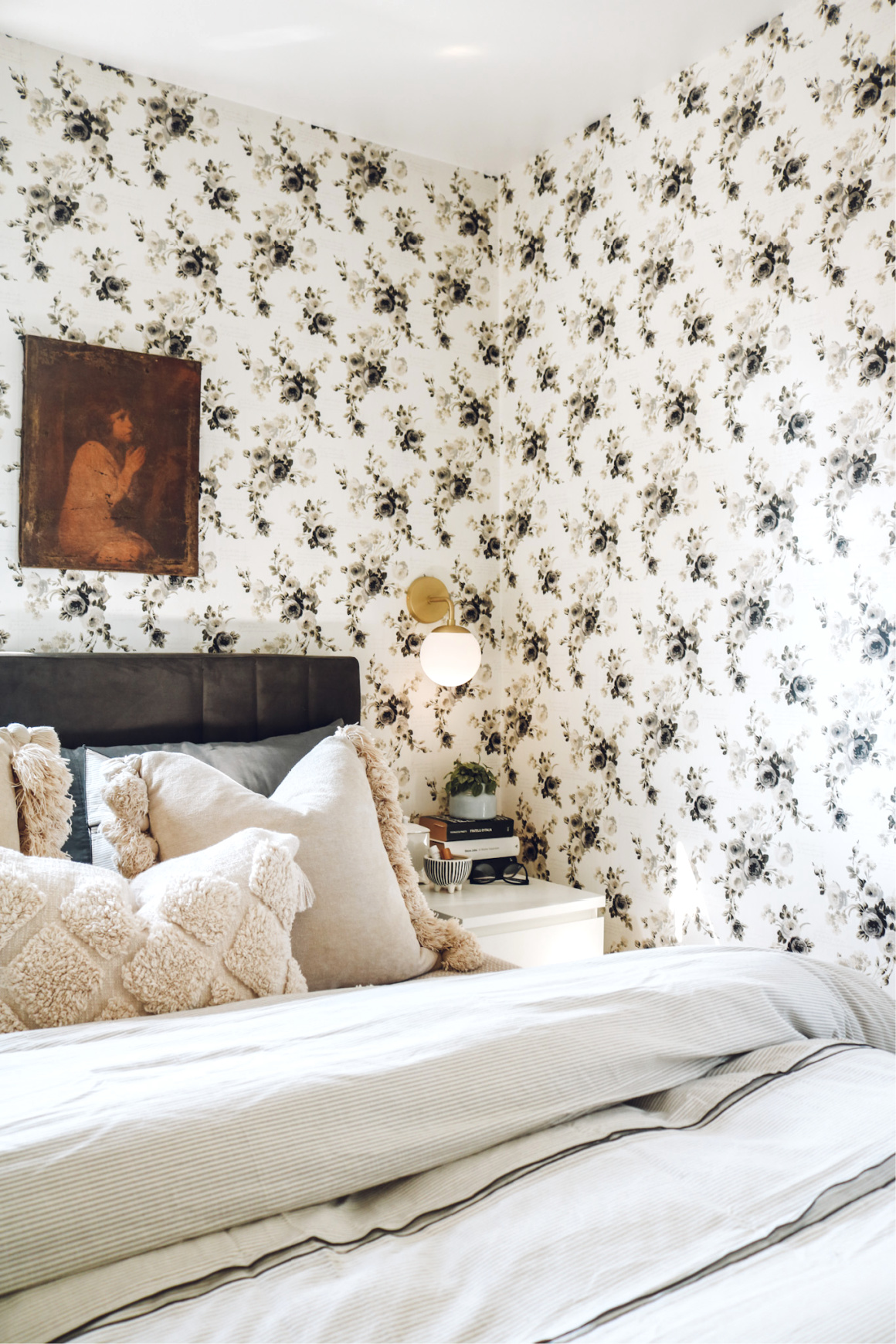 Small master bedroom makeover- floral removable wallpaper