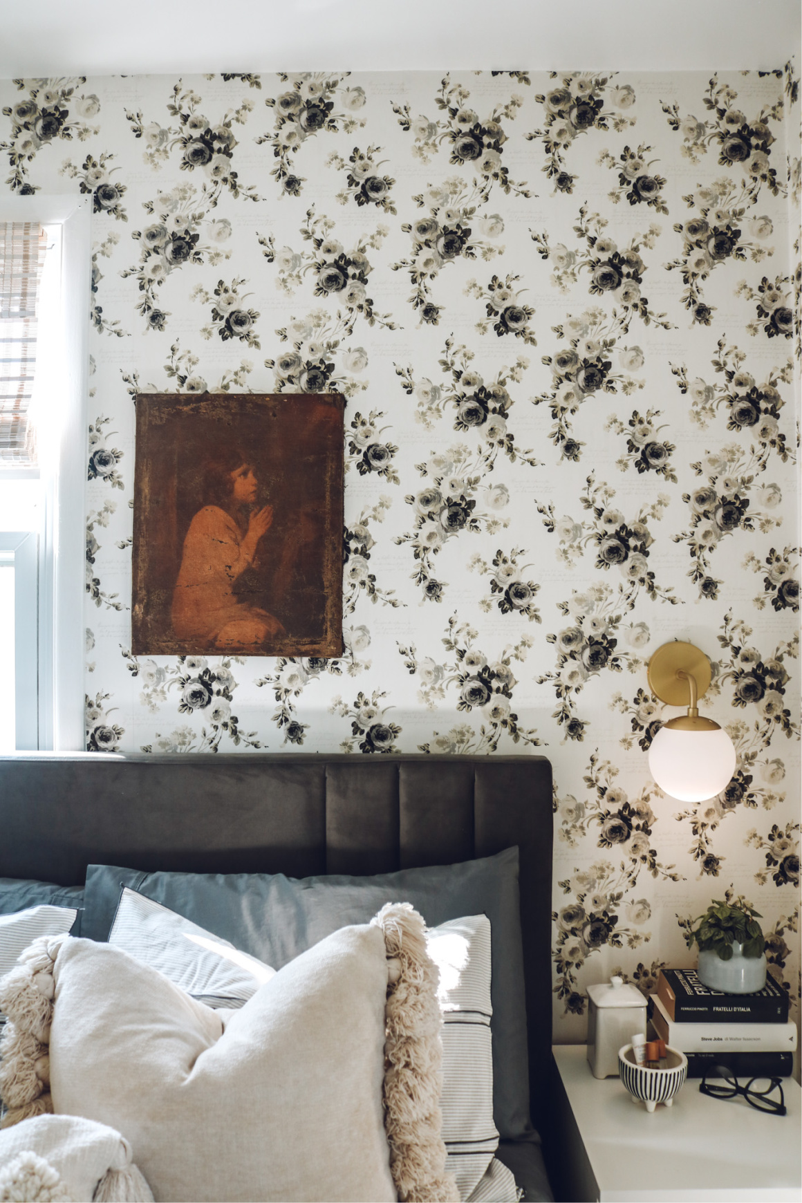 Small master bedroom makeover- floral removable wallpaper