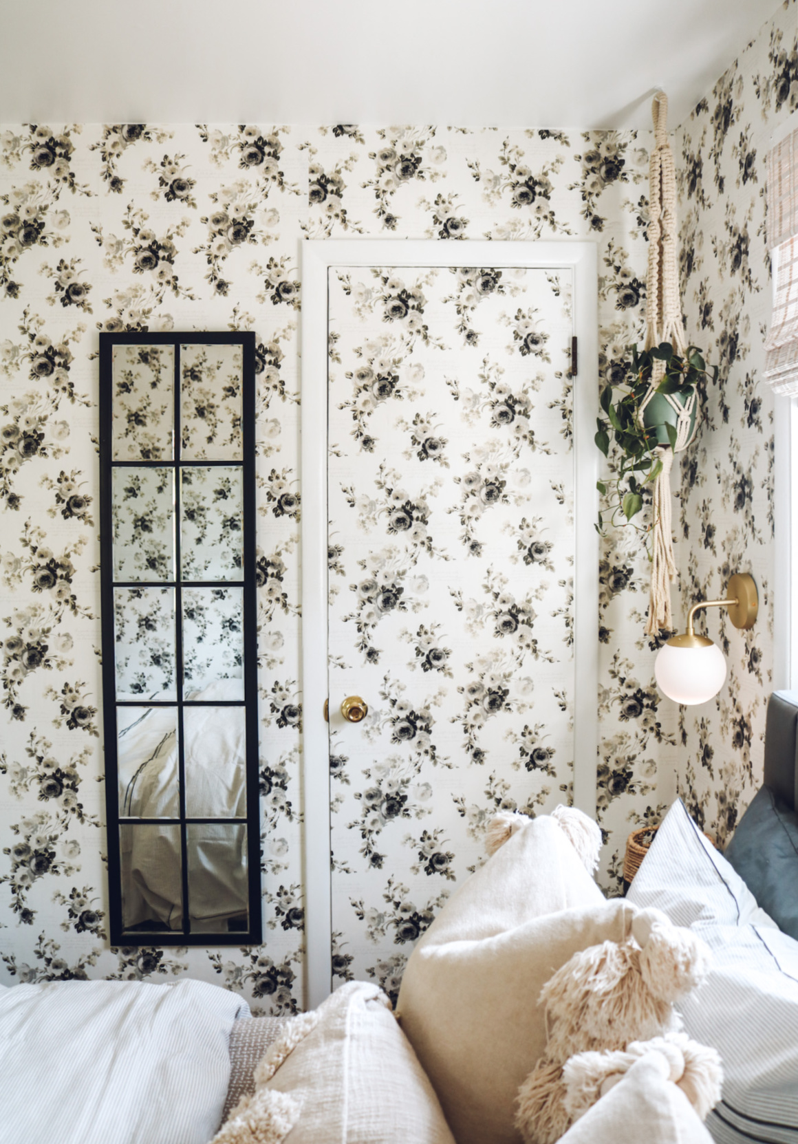 Small master bedroom makeover- floral removable wallpaper 