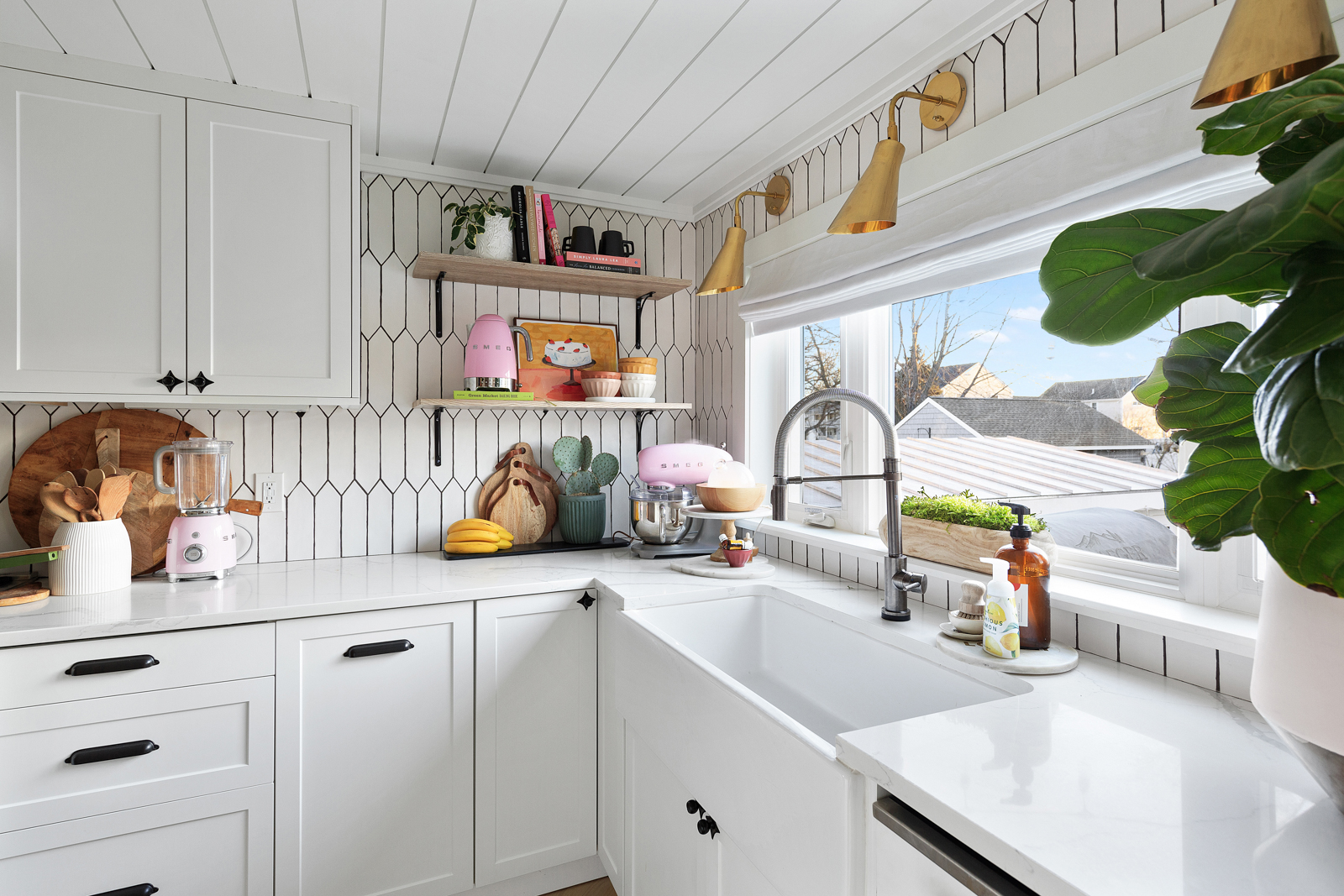 Tour our Small 1300 Square Foot Cape Small House Ideas White Shake Shingle Home Pink front door White Kitchen