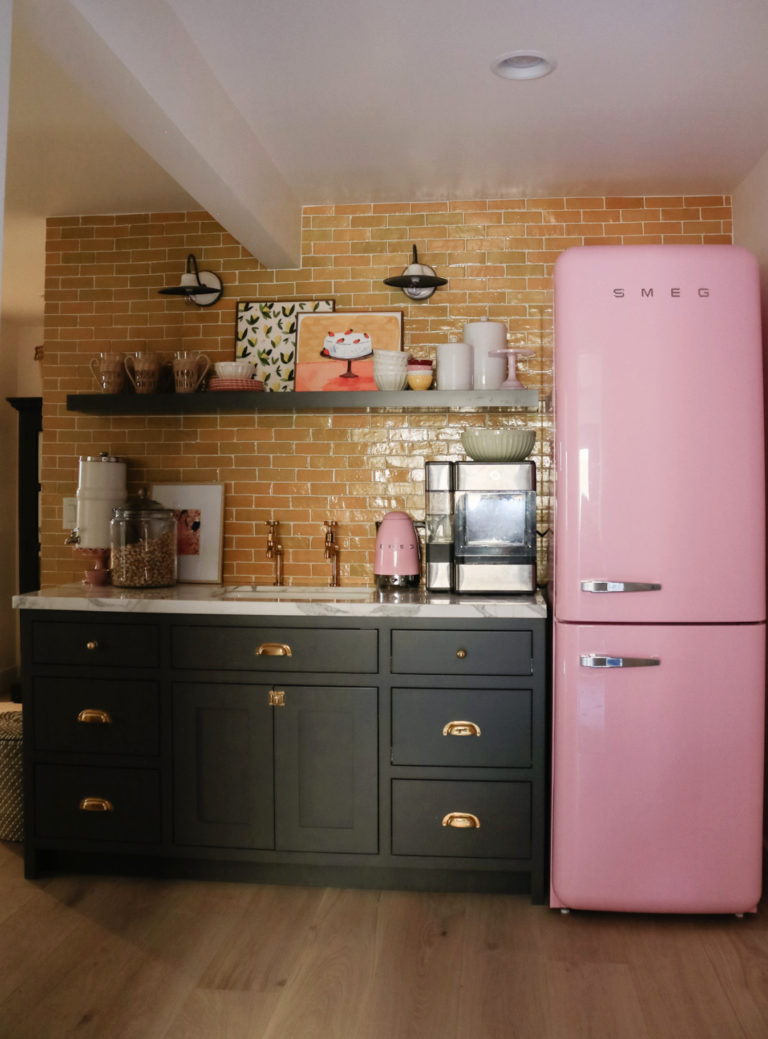 Basement Wet Bar- Pink Fridge and Yellow Backsplash - Nesting With Grace