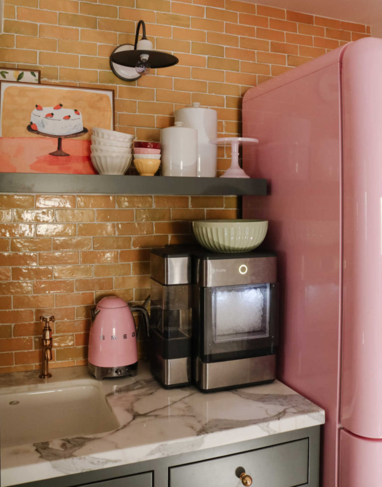 Basement Wet Bar- Pink Fridge and Yellow Backsplash - Nesting With Grace