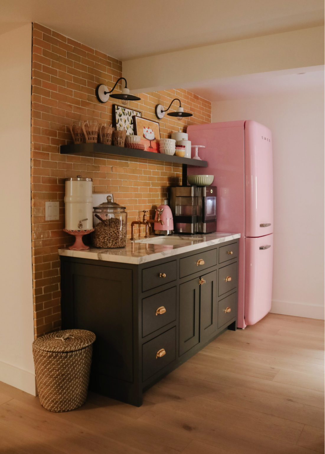 Basement Wet Bar- Pink Fridge and Yellow Backsplash - Nesting With Grace