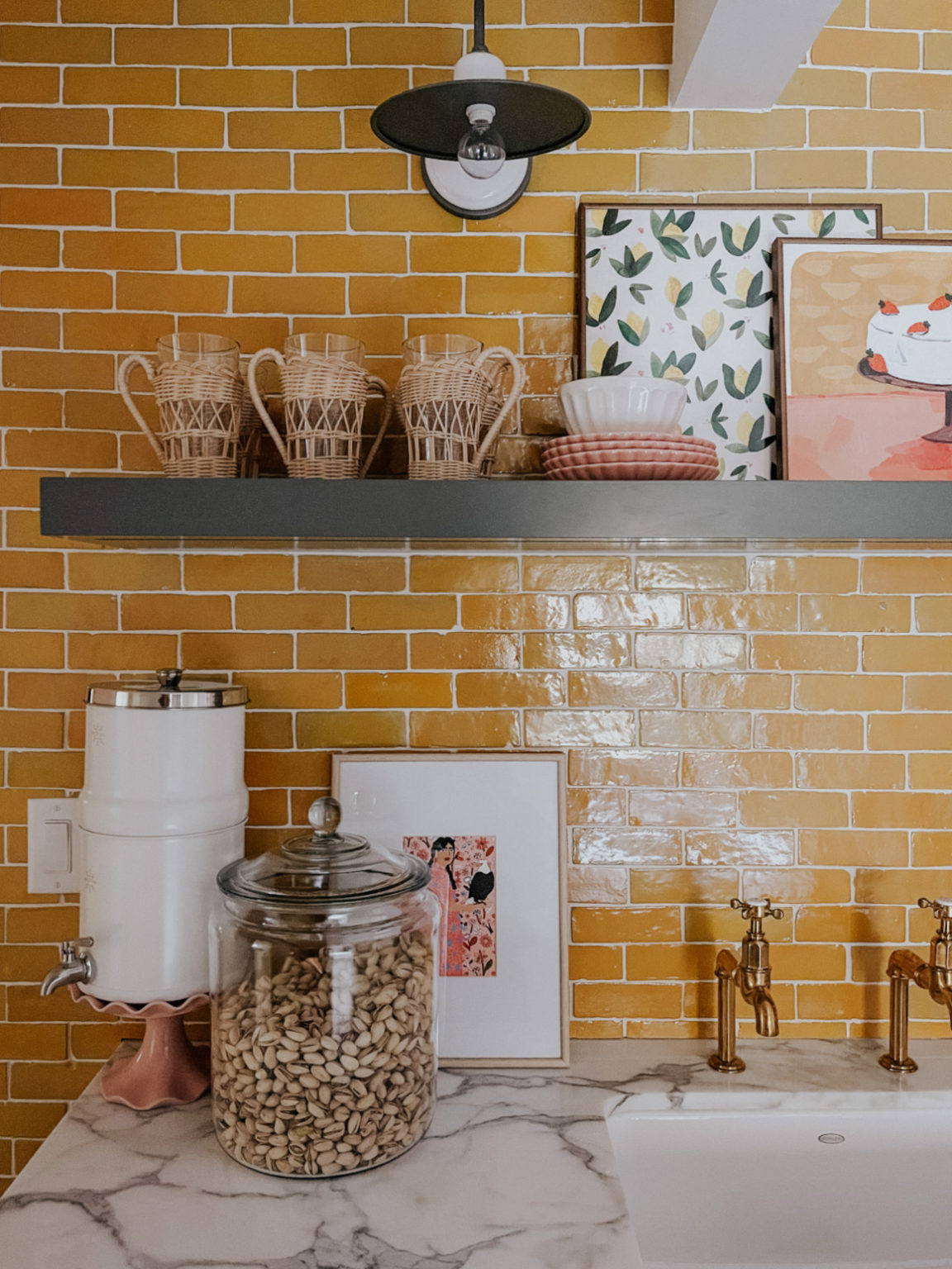 Basement Wet Bar- Pink Fridge and Yellow Backsplash - Nesting With Grace