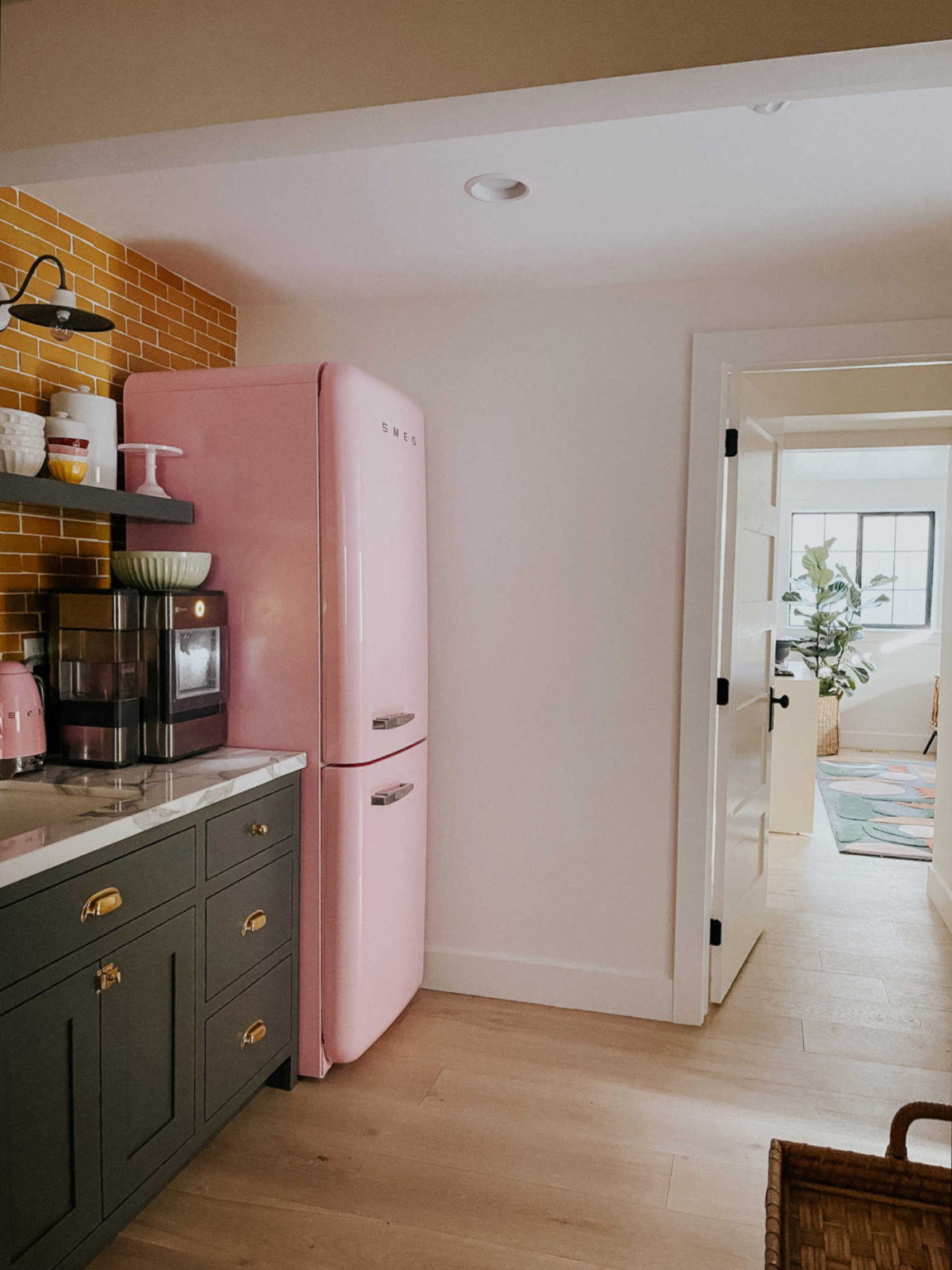 Basement Wet Bar- Pink Fridge and Yellow Backsplash - Nesting With Grace