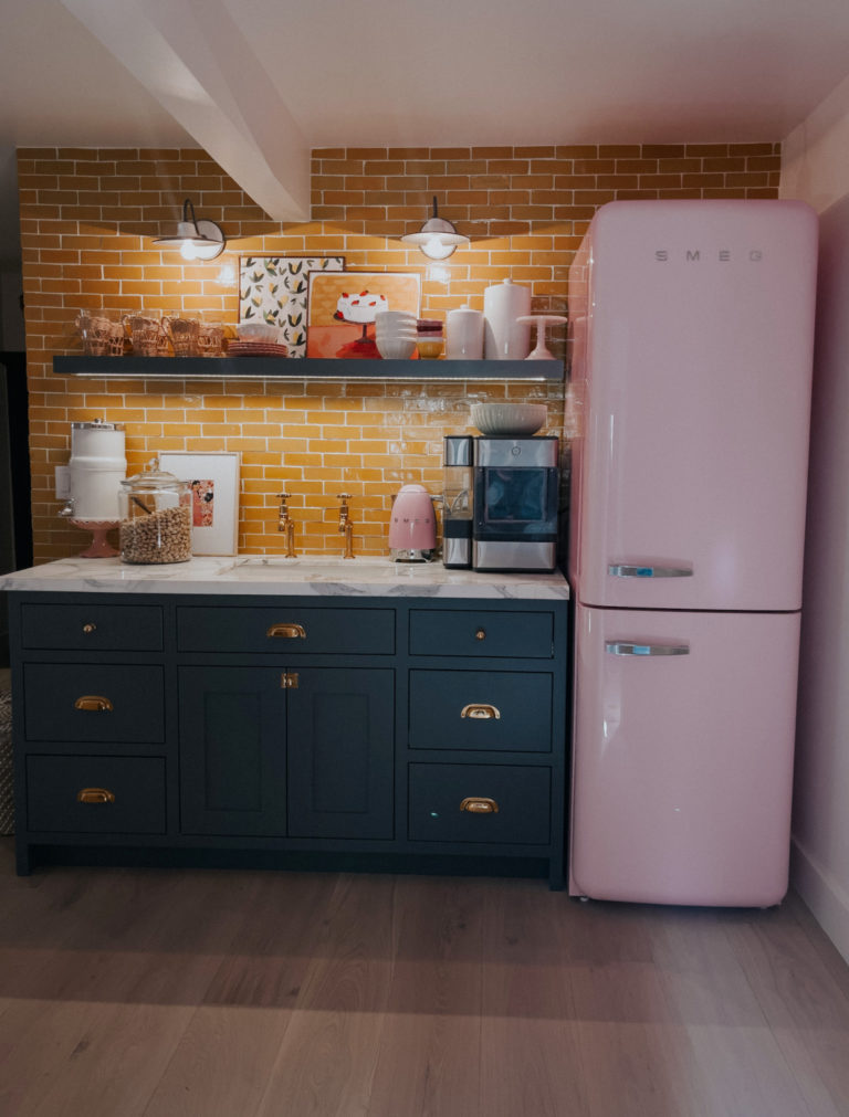 Basement Wet Bar- Pink Fridge and Yellow Backsplash - Nesting With Grace