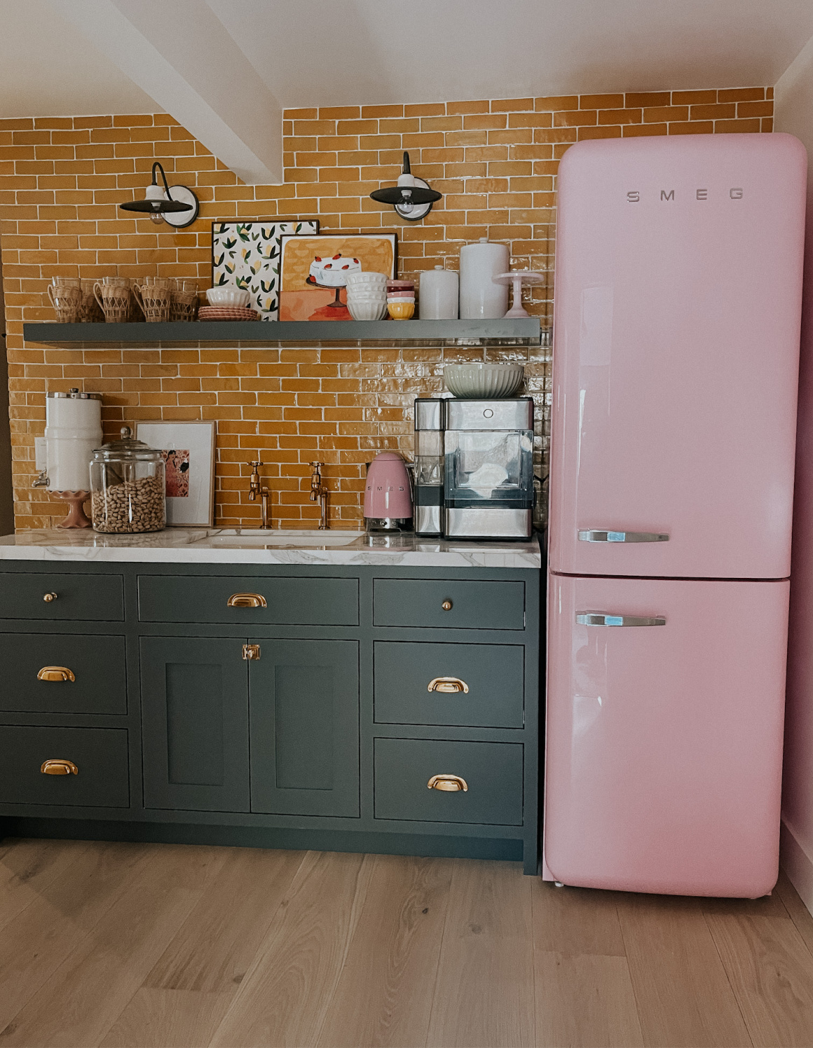 Basement Wet Bar- Pink Fridge and Yellow Backsplash - Nesting With Grace