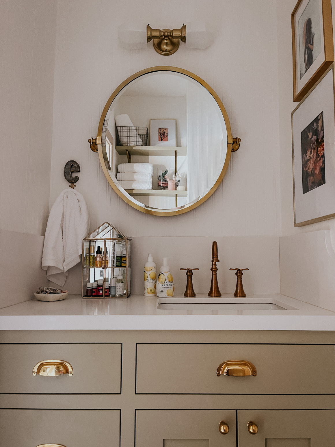 Ella's Bathroom Open Shelves with Beadboard Wallpaper - Nesting With Grace