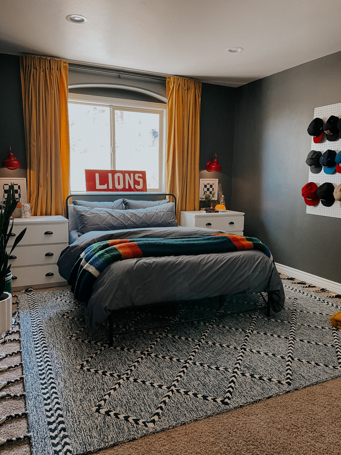 Teen Boy Bedroom- Gray Walls and Hat Wall - Nesting With Grace