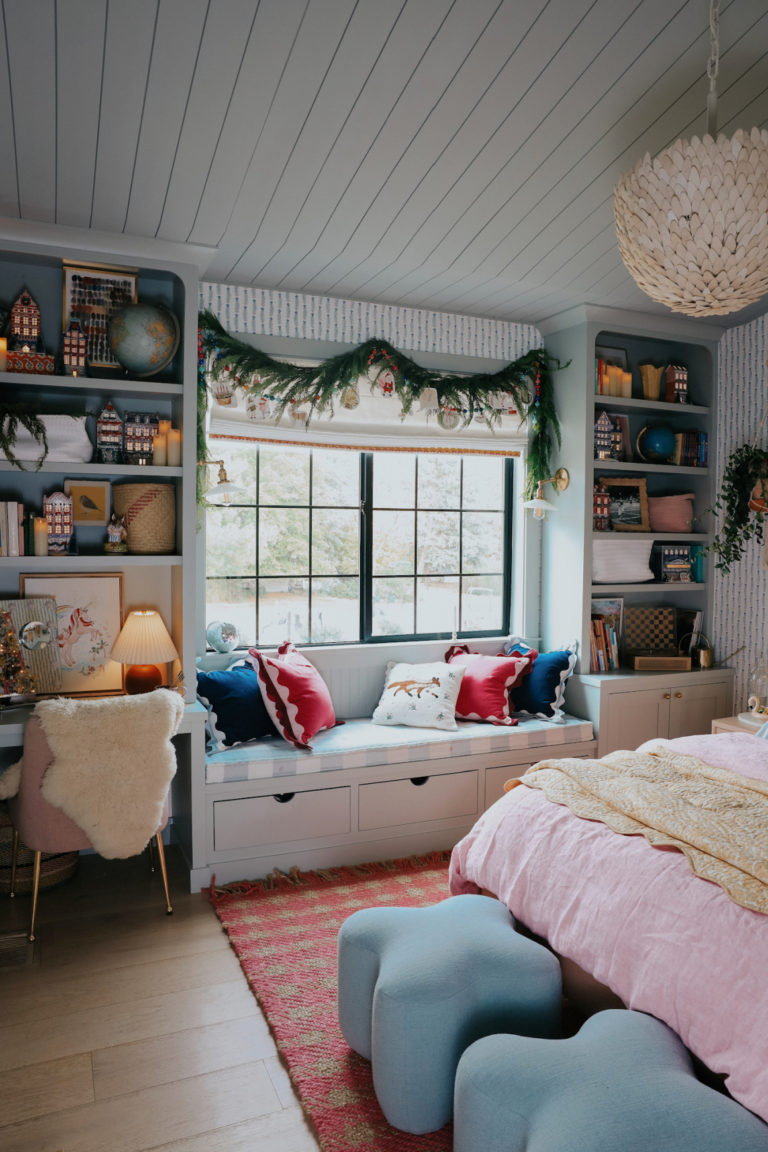 Lola's Bedroom Bookcase with Window Seat at Christmas - Nesting With Grace
