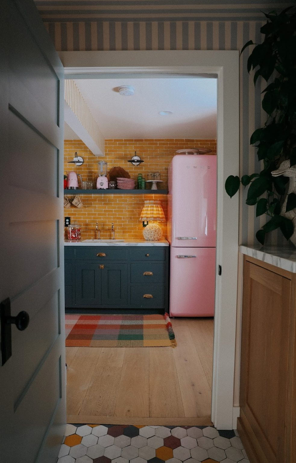 Basement Wet Bar-Yellow Backsplash and Yellow Stripe Wallpaper ...