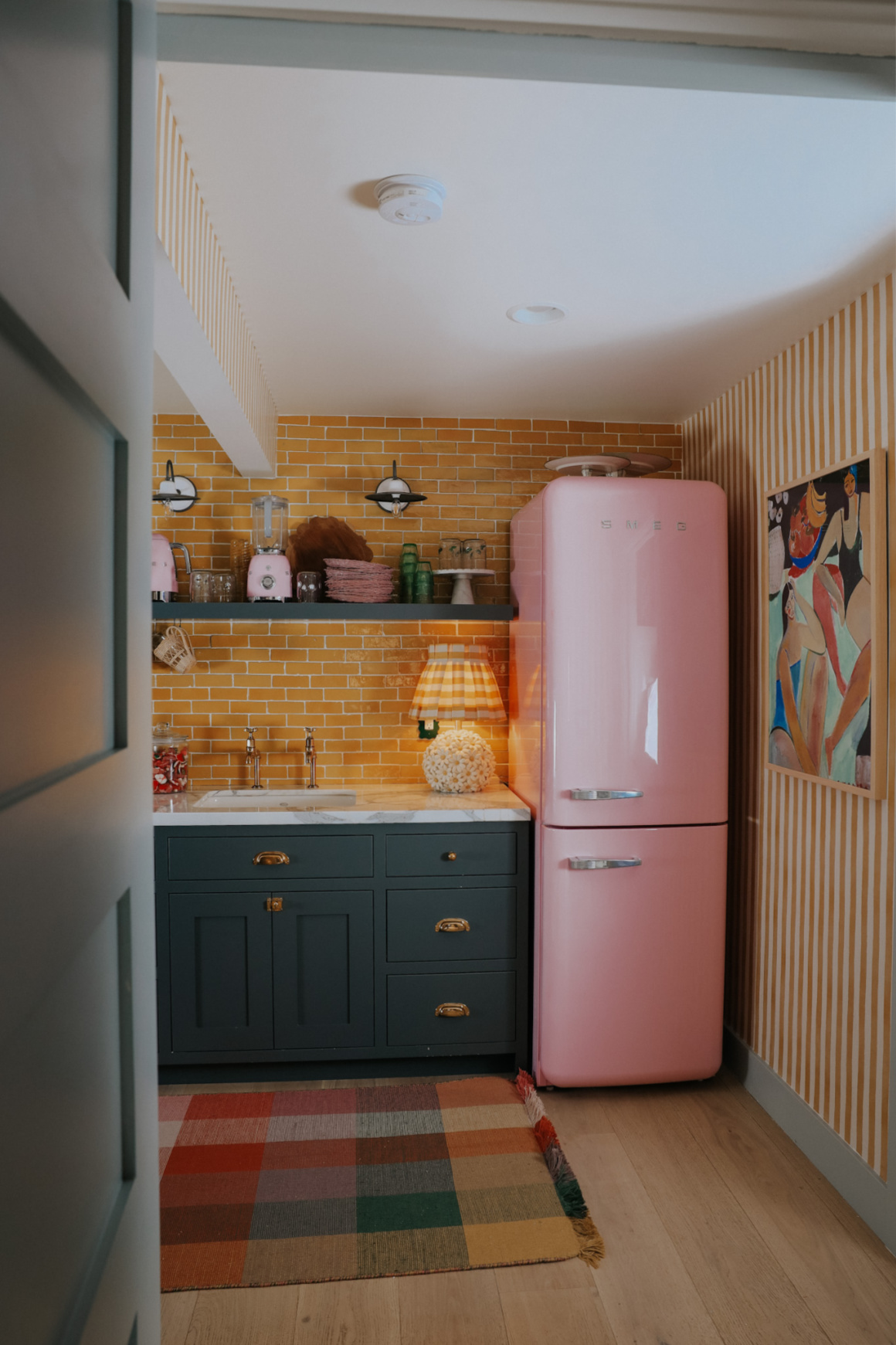 Basement Wet Bar-Yellow Backsplash and Yellow Stripe Wallpaper ...