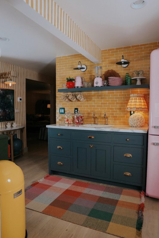 Basement Wet Bar-Yellow Backsplash and Yellow Stripe Wallpaper ...