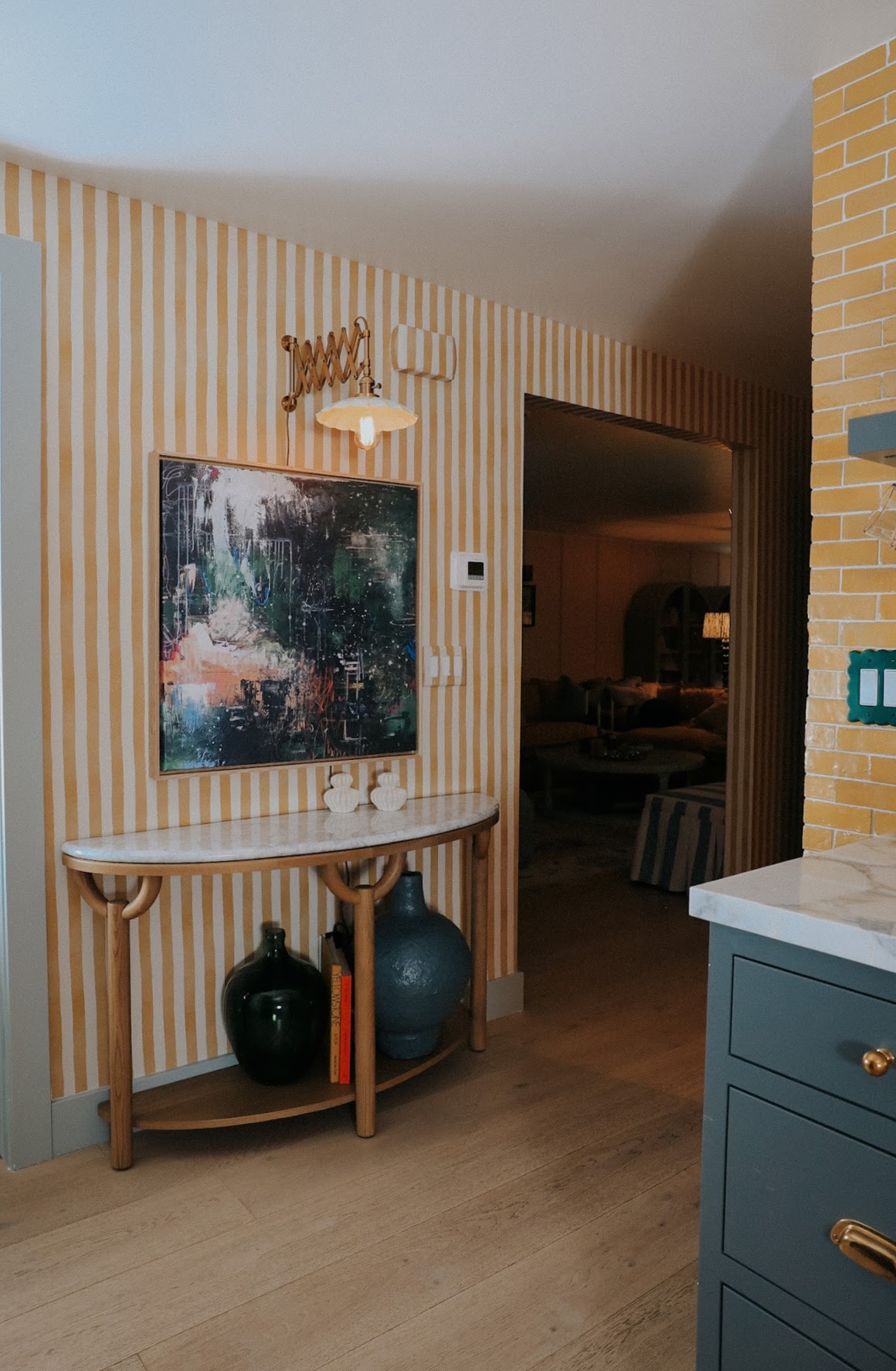 Basement Wet Bar-Yellow Backsplash and Yellow Stripe Wallpaper ...