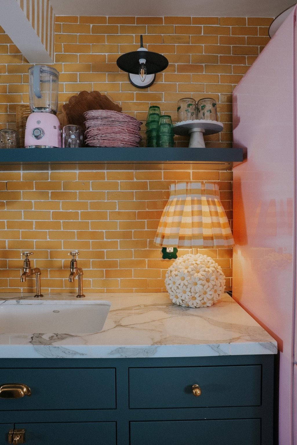 Basement Wet Bar-Yellow Backsplash and Yellow Stripe Wallpaper ...