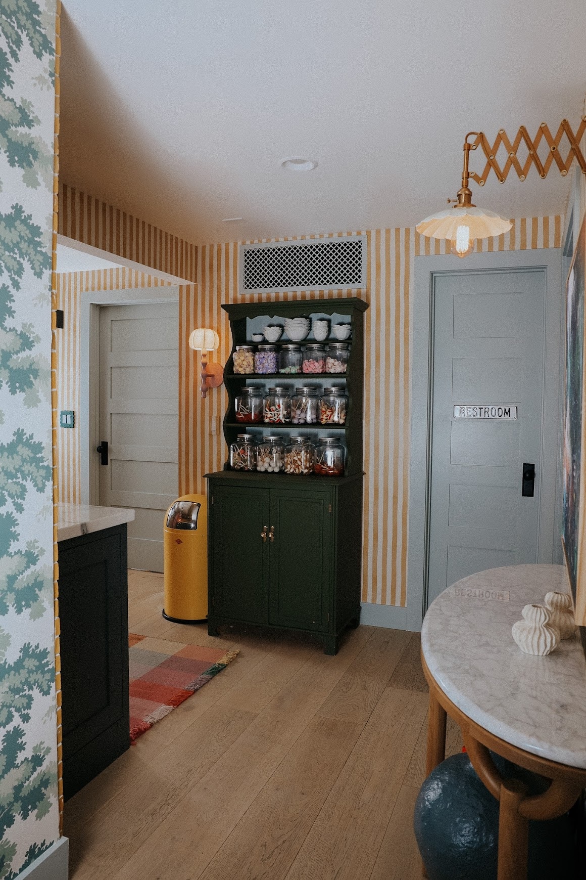 Basement Wet Bar-Yellow Backsplash and Yellow Stripe Wallpaper ...