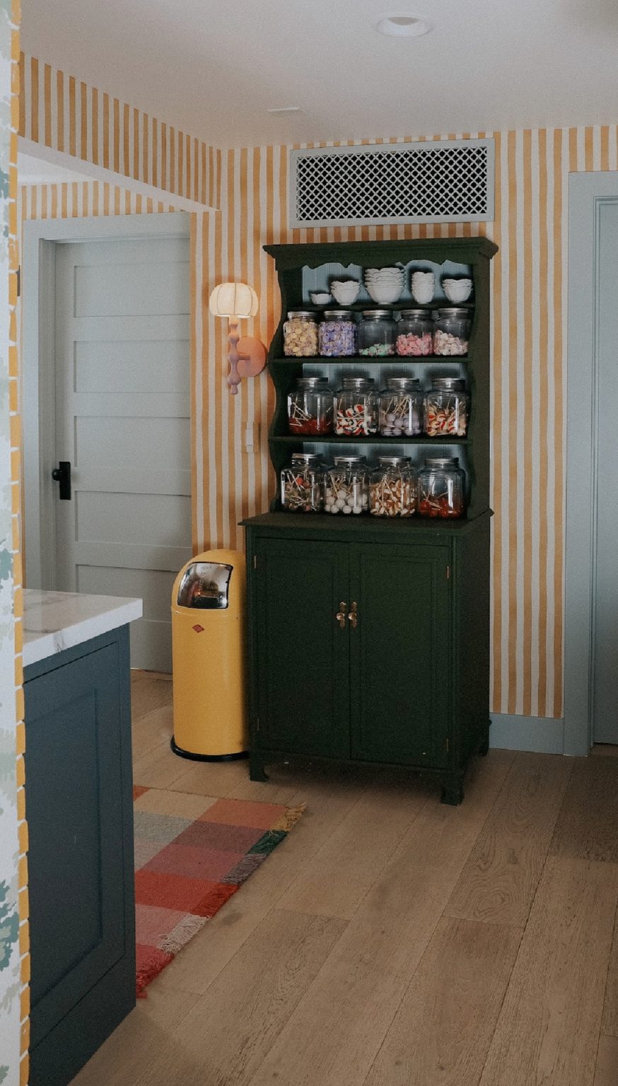 Basement Wet Bar-Yellow Backsplash and Yellow Stripe Wallpaper ...