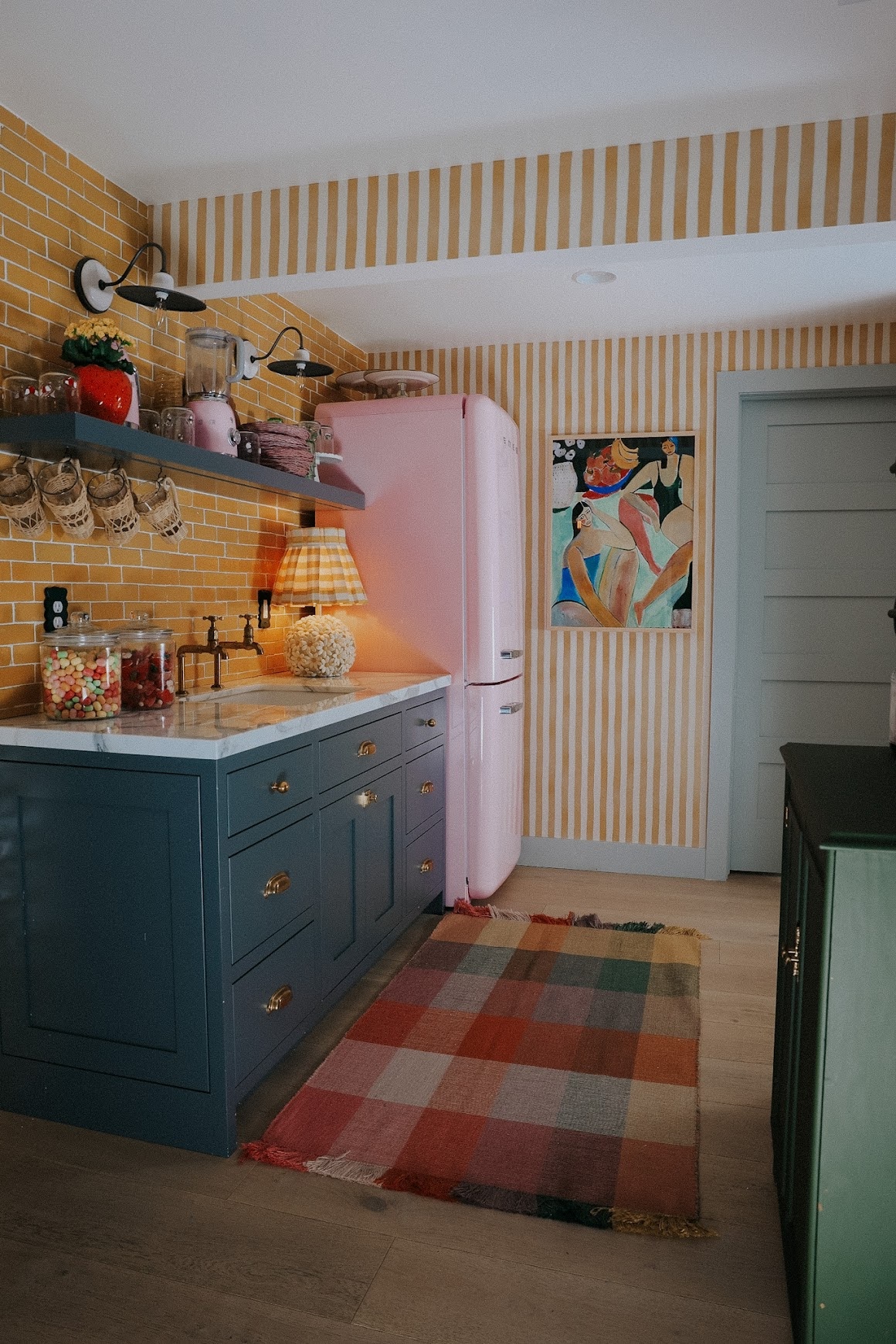 Basement Wet Bar-Yellow Backsplash and Yellow Stripe Wallpaper ...